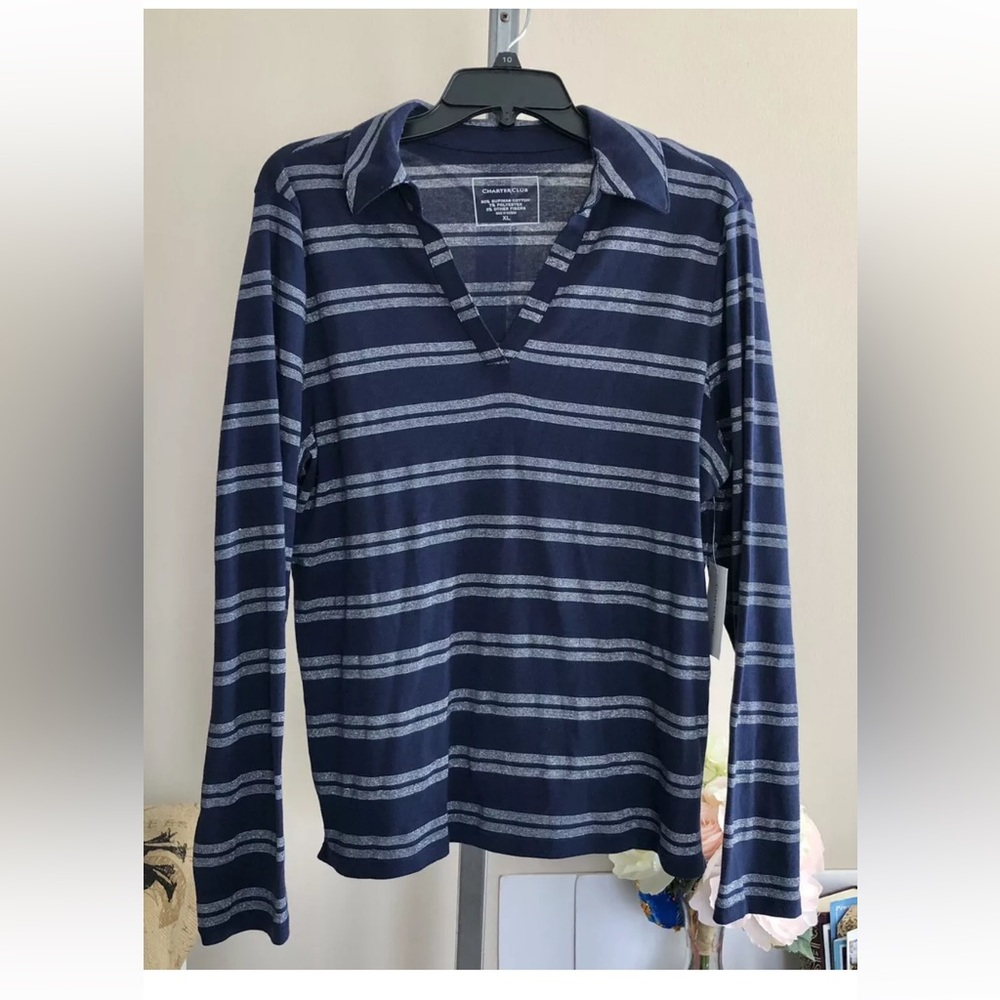 Charter Club Top Women's Size XL Blue/Silver Stripes Collared Long Sleeves PS222